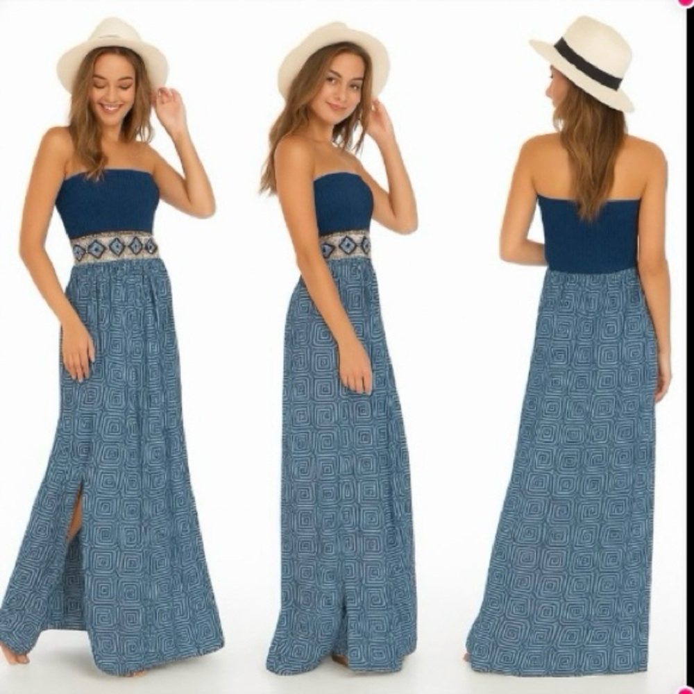 Skemo Strapless Blue Dress With Artisian Waistband Double Side Slit Size XS